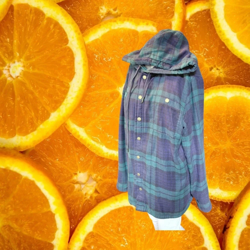 LL Bean M Plaid Fleece Lined Flannel Hoodie Navy Teal Shacket 513831
